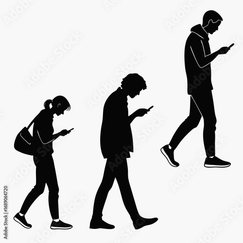 Silhouettes of three people walking and looking down at their mobile phones on a white background