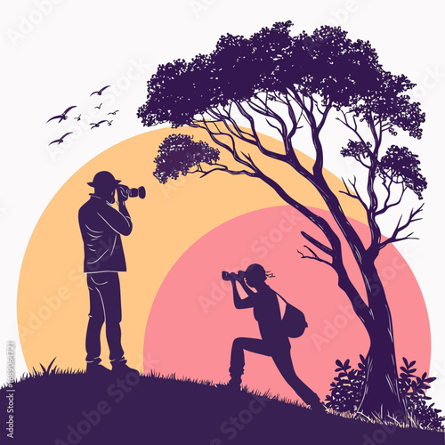 Silhouettes of photographers capturing nature and wildlife during a vibrant sunset with birds flying