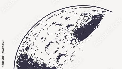 Stylized graphic illustration of a crescent moon with visible craters and texture against a plain background