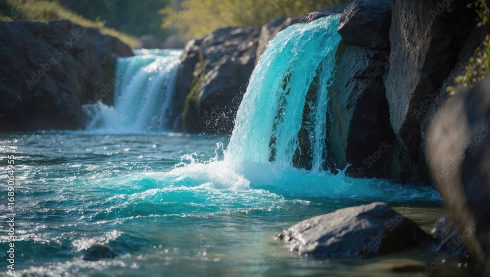Naklejka premium Flowing water and waterfall in a river or stream. Natural landscape, water, and rocks. Scenic environment with cascading water.