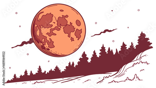Stylized illustration of a large orange moon hanging over a silhouetted forest and rolling hills at night