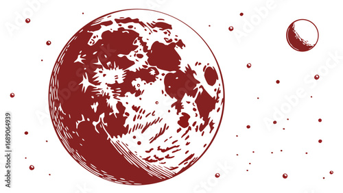 Stylized illustration of a large red moon with craters and a smaller crescent moon in the distance against a white background