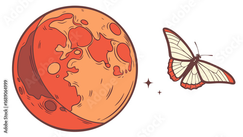 Stylized illustration of a red planet with craters and a delicate butterfly with orange accents floating nearby