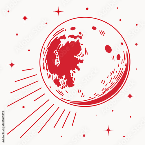 Stylized red moon with glowing stars and trailing light streaks against a white background