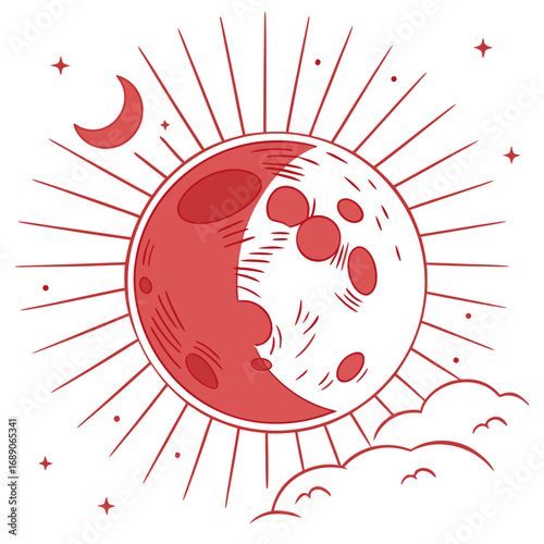 Stylized red moon with crescent moon stars and clouds against a white background