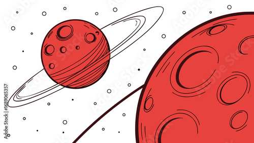 Stylized red planets with rings and craters float in a minimalist white space background with small dots