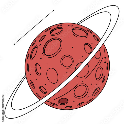 Stylized red planet with craters and a ring system in outer space illustration