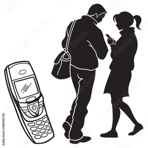 Young couple silhouetted looking at their mobile phones with an old flip phone nearby