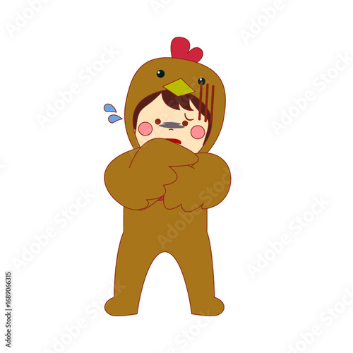 Cartoon illustration of a child in a chicken costume, looking distressed with a runny nose and sweat.