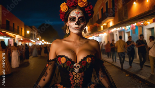 Woman with Sugar Skull Makeup and Floral Headdress Celebrating Dia de los Muertos