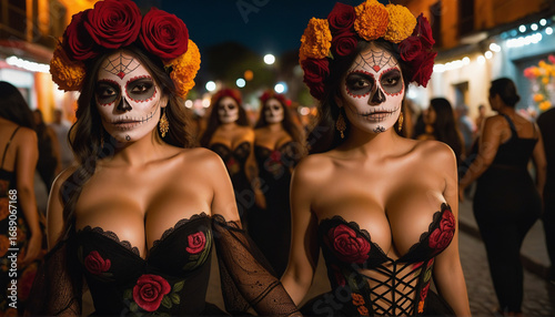 Woman with Sugar Skull Makeup and Floral Headdress Celebrating Dia de los Muertos