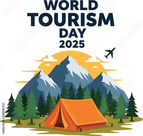 World Tourism Day 2025 Vector Illustration with Mountains, Forest and Camping Tent on White Background