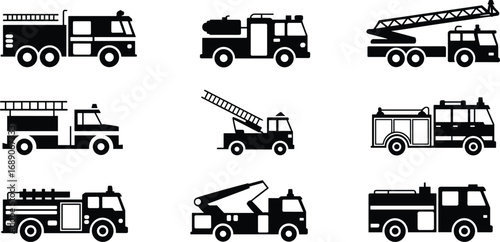 Fire truck silhouette set, emergency vehicle icons, fire engine illustrations, ladder truck images, firefighting transportation, rescue vehicle graphics