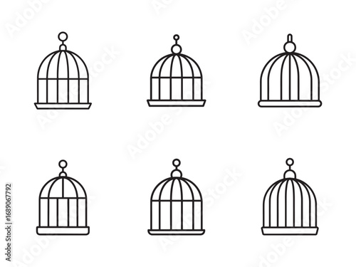 Collection of birdcage outline drawings on white background representing freedom or captivity and minimalist art with simple design aesthetic
