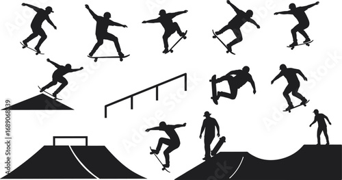 Silhouette skateboarders performing tricks, jumps, and stunts on ramps and rails, extreme street skating vector set for urban sport design.