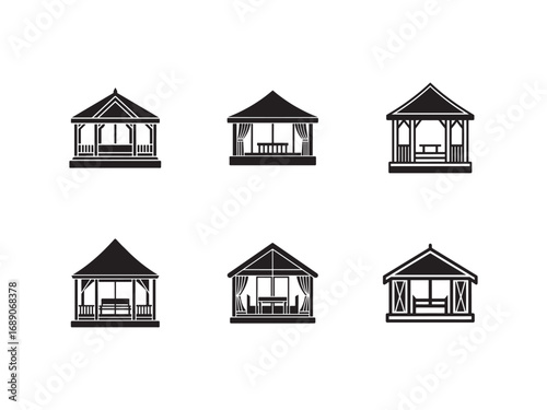 Collection of Black and White Gazebo Illustrations Showcasing Various Designs and Styles for Outdoor Living Spaces Architecture and Landscape Design