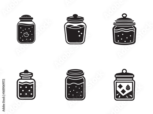 Collection of Black and White Jar Icons for Homemade Preserves and Canning Illustrations Graphic Elements Isolated on White Background