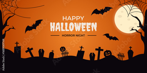 Halloween night graveyard background with full moon, bats and spooky pumpkins. Vector illustration for festive flyer, poster or banner.