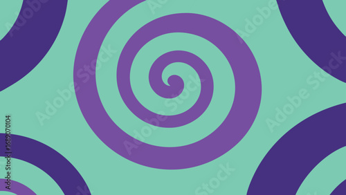 Purple spiral pattern on a mint green background with partial circles abstract swirl