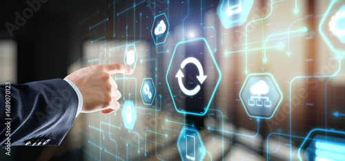 Businessman touching icon Update software application. Hardware upgrade technology concept