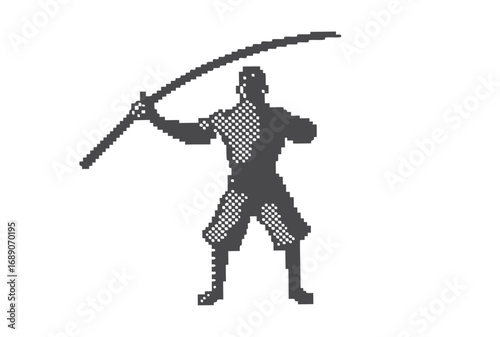 Pixelated Samurai Warrior with Katana Sword in Fighting Stance on White Background