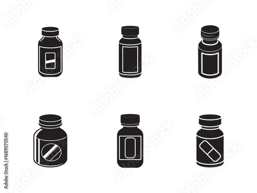 Collection of Black and White Pill Bottle Icons for Healthcare and Pharmaceutical Industry Designs Illustrations