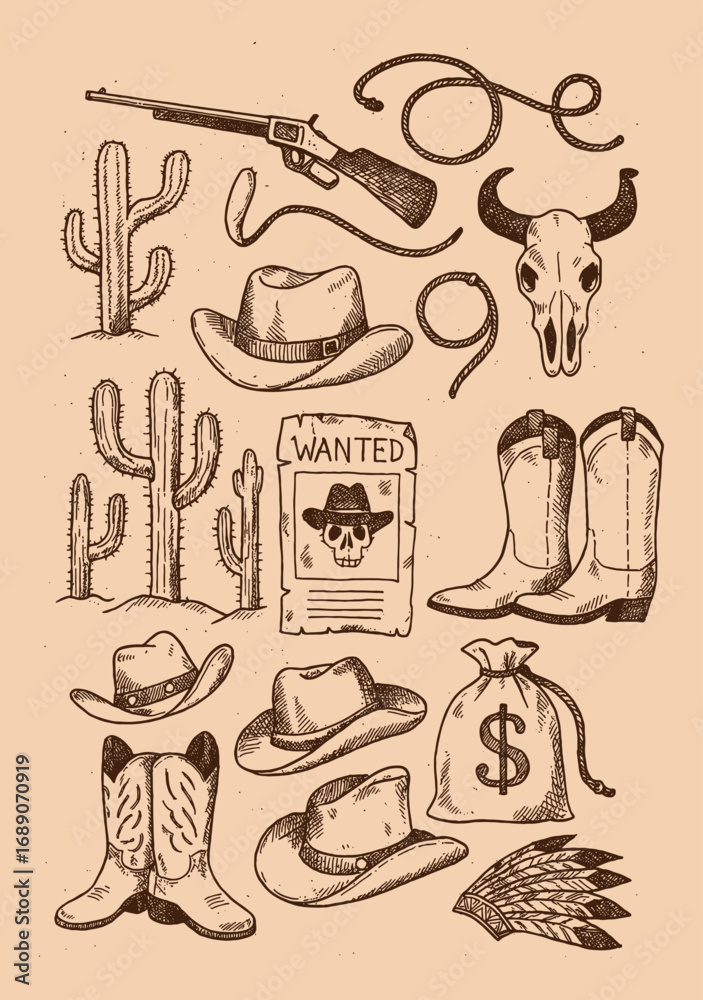 Obraz premium Engraving illustration of western cowboy elements including hat, boots, guns, cactus, skull, and sheriff badge in retro vintage style.