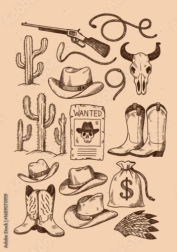 Engraving illustration of western cowboy elements including hat, boots, guns, cactus, skull, and sheriff badge in retro vintage style.