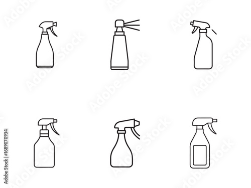 Collection of Black and White Spray Bottle Line Art Icons for Cleaning and Disinfection Products Design Elements