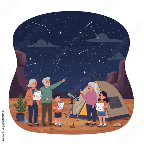 Intergenerational Stargazing Adventure Vector Illustration: Family Bonding and Astronomical Discovery Outdoors