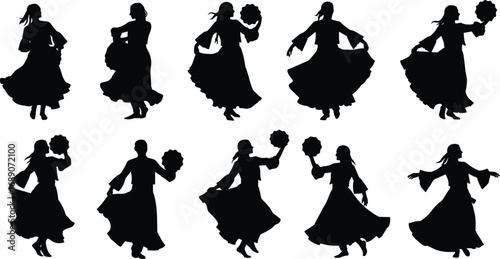 Silhouette of women dancing in traditional dress, holding flowers, folk dance poses, cultural celebration, ethnic dance vector illustration, performance art.