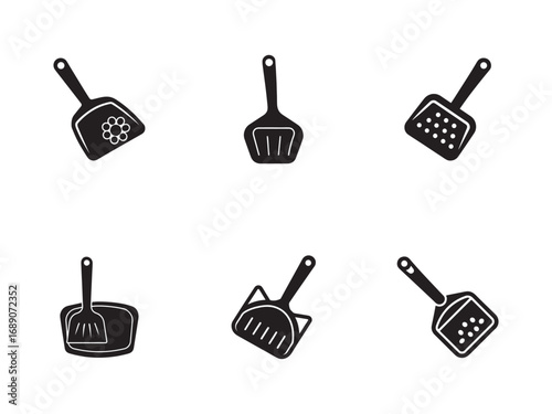 Collection of Black Silhouette Cat Litter Scoops in Various Designs on White Background Vector Illustration