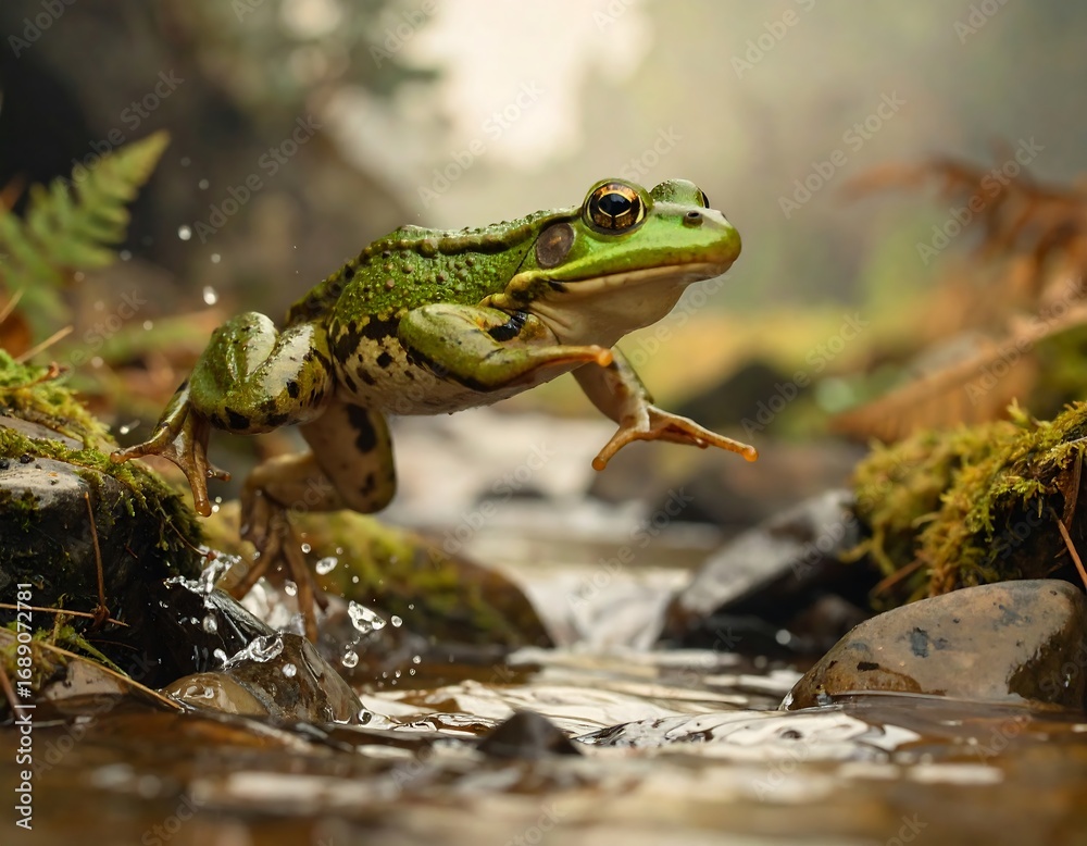 Fototapeta premium Green frog leaping in a stream