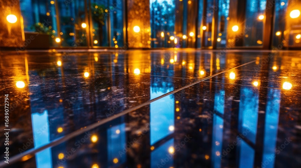 Obraz premium Reflective Surface with Warm Lights in Modern Architectural Space