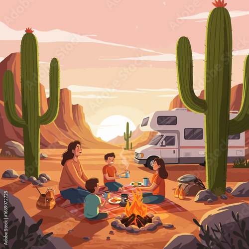 Joyful Family RV Road Trip Adventure in Scenic Desert Landscape Vector Illustration