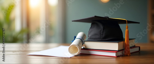Graduation Cap and Degree Certificate on Wooden Table: Symbolizing Academic Achievement and Future Career Opportunities in Stock Photo Concept
