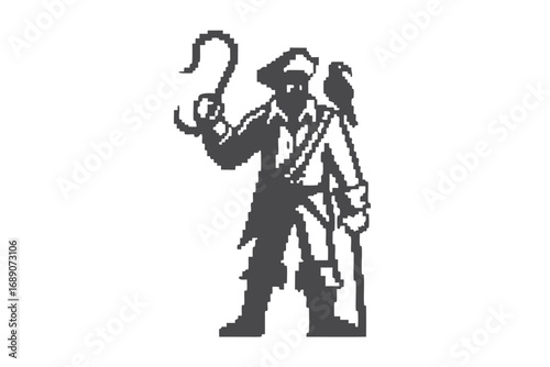 Pixelated Silhouette of Pirate with Hook Hand and Bird on Shoulder, isolated