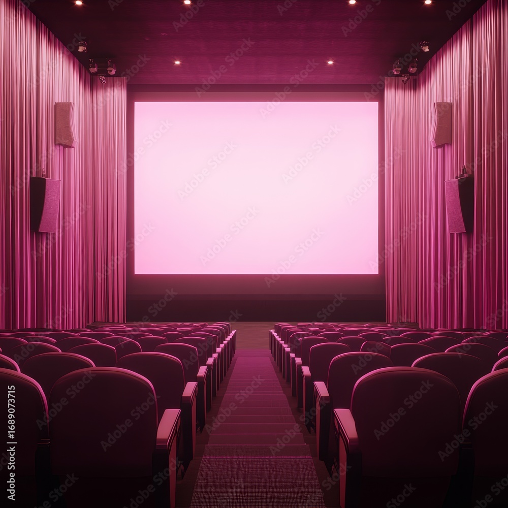 Fototapeta premium Empty movie theater with plush red seats and a large blank screen ready for a film presentation