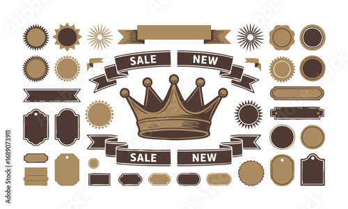 Large Vintage Modern Vector Toolkit Pack  Ribbons, Badges, Tags, Crowns, Ornaments, Vintage Retro Vector Logo for banner, easily editable and scalable.