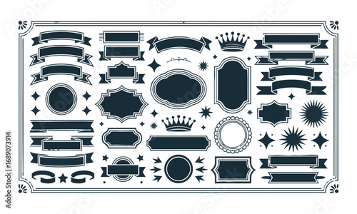 Large Vintage Modern Vector Toolkit Pack  Ribbons, Badges, Tags, Crowns, Ornaments, Vintage Retro Vector Logo for banner, easily editable and scalable.