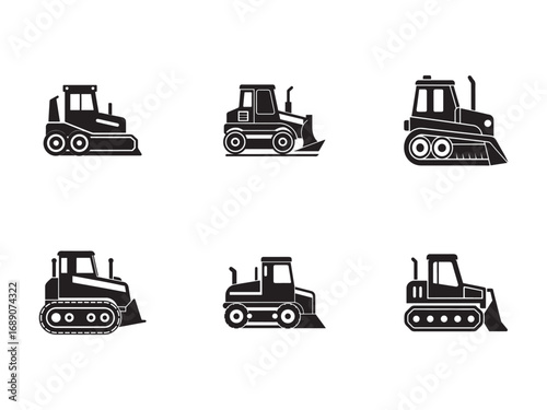 Collection of Bulldozer Silhouettes Heavy Machinery Equipment for Construction Projects and Industrial Applications Vector Graphic