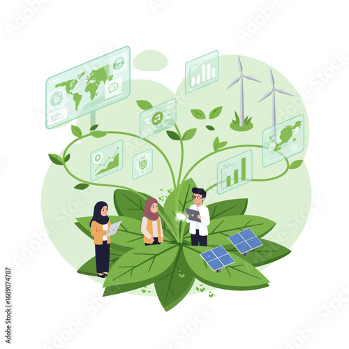 Vector Illustration: Diverse Innovators Cultivating Global Green Tech Solutions with Data-Driven Sustainability Strategy