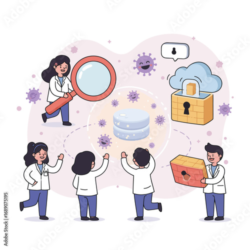 Strategic Data Protection Vector: Expert Team Defending Cloud and Server Infrastructure from Digital Threats Illustration.