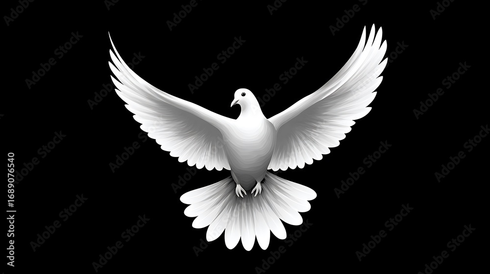Obraz premium White vector illustration with flat design style of dove logo on black background, flying bird symbol of peace and love, logo for web banner, poster, print, t-shirt, hoodie or sticker template graphic