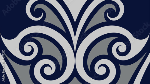 Swirling Abstract Pattern in Navy Blue and Silver Gray curves curls