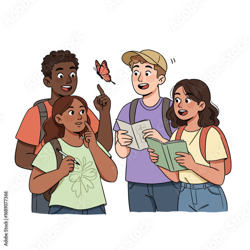 Fostering Curiosity: Diverse Students Engaging in Outdoor Nature Exploration and Learning - Vector Illustration