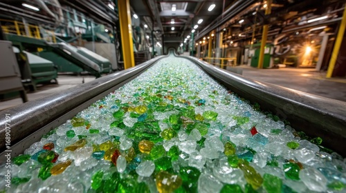 Colorful Crushed Glass Recycling Process in Industrial Facility with Conveyor Belt and Granulated Material for Sustainable Manufacturing Solutions
