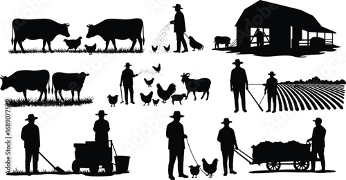 Silhouette illustration of farmers with cows, chickens, goats, barn, tools, cart, and field work in rural agriculture lifestyle scene.