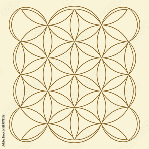 Golden outline depicts sacred geometry flower of life symbol against light beige background