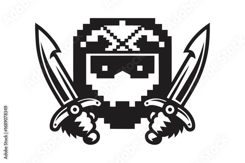 Pixelated Swordsman Character Design Holds Twin Blades on White Background
